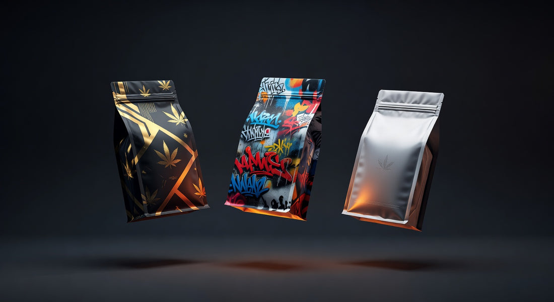 Three custom mylar bags showcasing different PackFlow design styles on a dark background with orange accent lighting