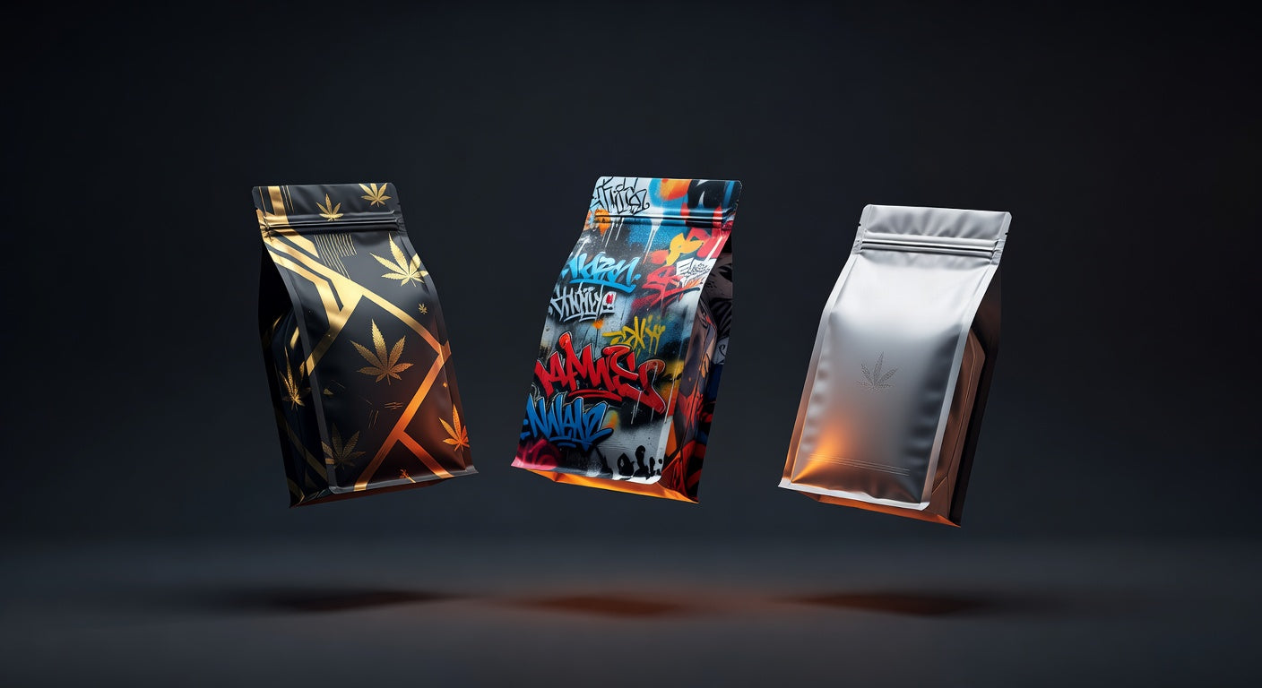 Three custom mylar bags showcasing different PackFlow design styles on a dark background with orange accent lighting
