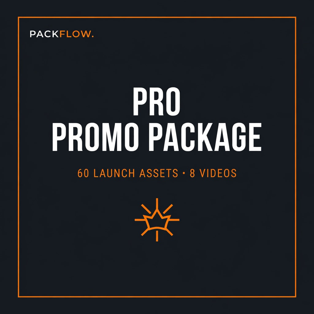 Pro Promo Package — 29 AI-generated marketing assets (full kit: photography, animations, social templates, and 8 short-form videos) for a custom packaging design.