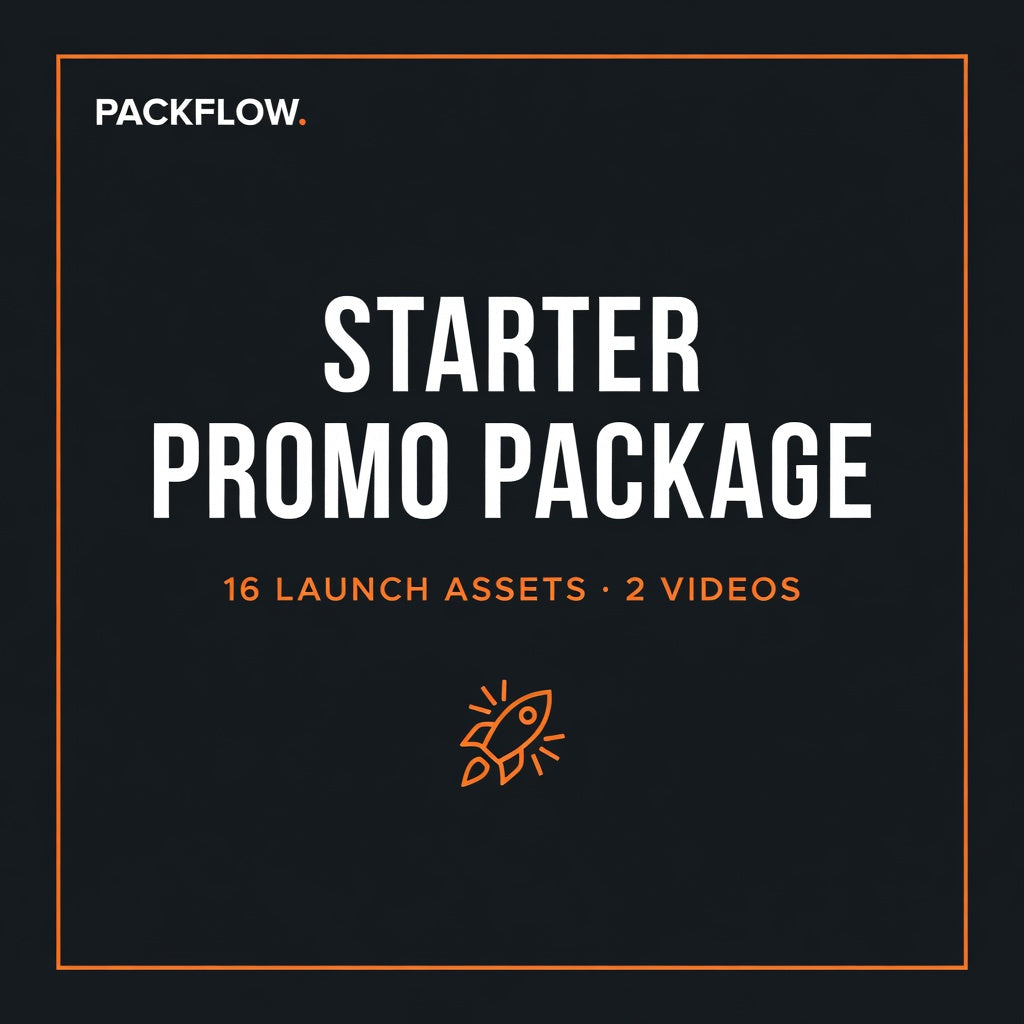 Starter Promo Package — 9 AI-generated marketing assets (lifestyle photos, product animation, social templates, short-form videos) for a custom packaging design.